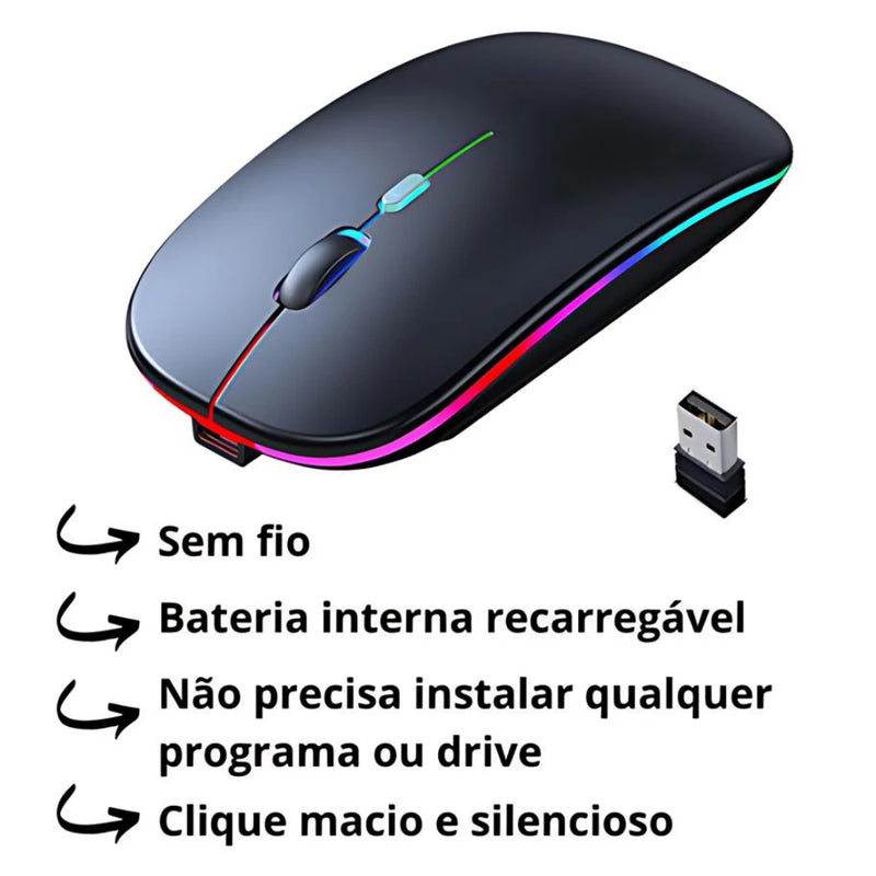 Mouse Wireless Recarregável LED RGB 2.4 GHz - 3 Vezes Mais Prático e Estiloso