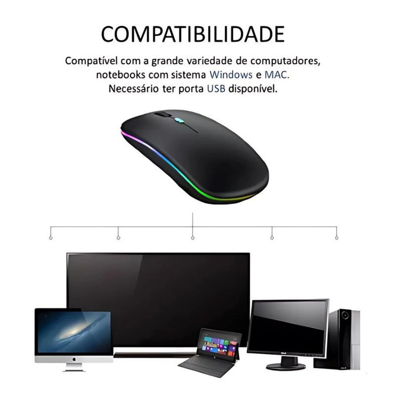 Mouse Wireless Recarregável LED RGB 2.4 GHz - 3 Vezes Mais Prático e Estiloso