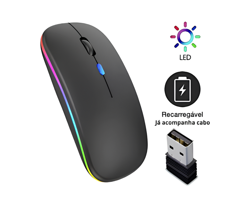 Mouse Wireless Recarregável LED RGB 2.4 GHz - 3 Vezes Mais Prático e Estiloso